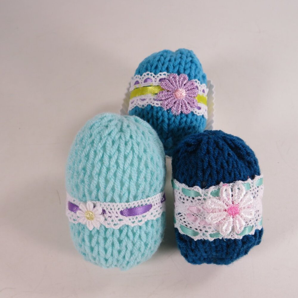 Hand Knit Easter Eggs with hand sewn accents (NO GLUE) all fabric items Lace